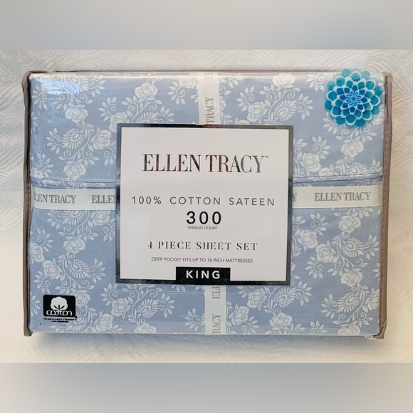 Ellen Tracy Blue Floral Vine Cotton Sateen Sheet Set - King
